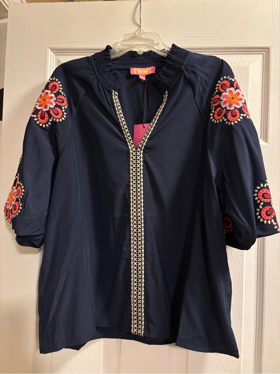 THML Tops - THML Navy Embroidered V-Neck Tunic with Floral Sleeves